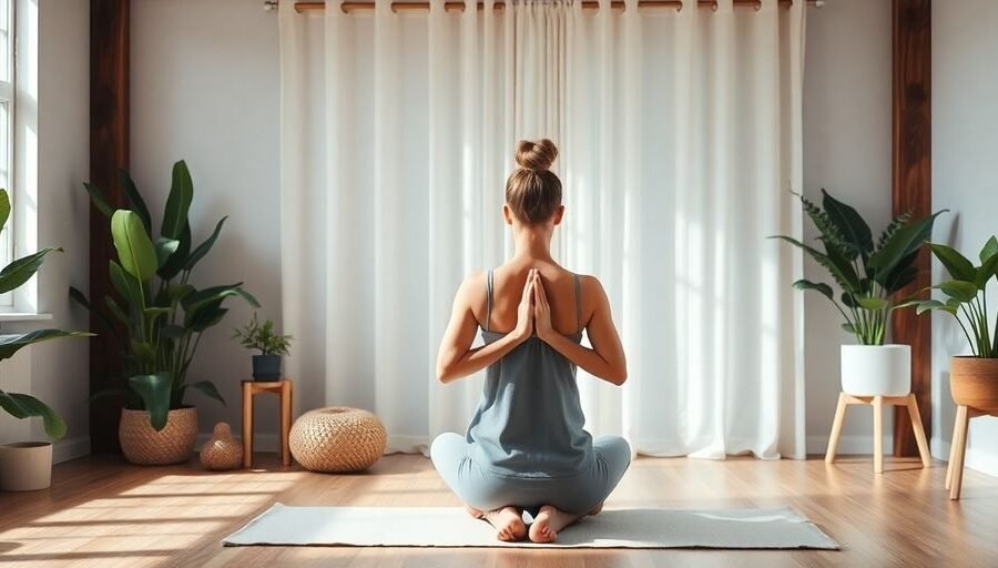 Ambiente relaxante com plantas, luz natural e meditação.