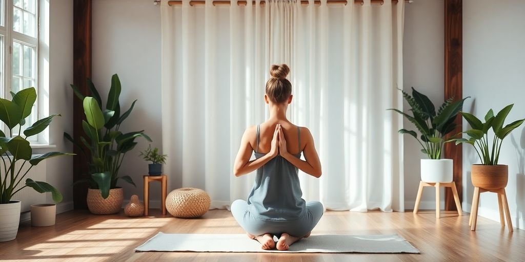 Ambiente relaxante com plantas, luz natural e meditação.