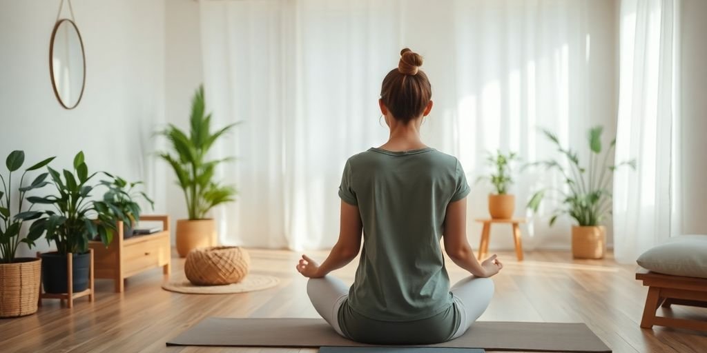 Ambiente de bem-estar com meditação e luz natural.