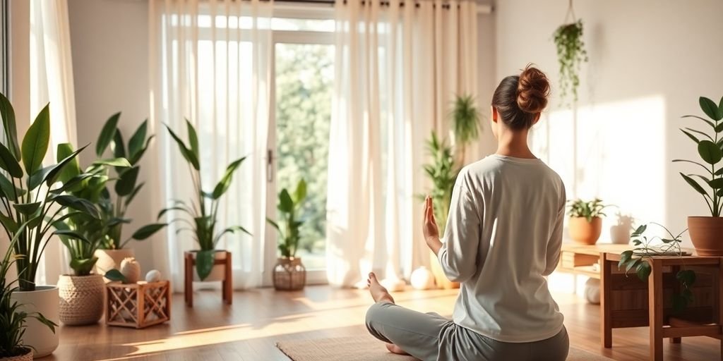 Ambiente zen com pessoa meditando e natureza ao redor.