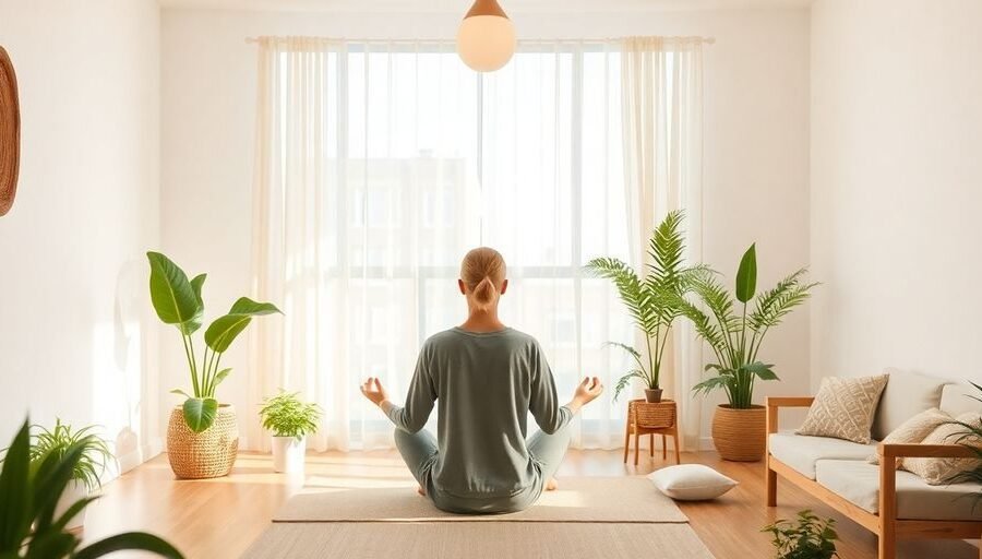 Ambiente de bem-estar com meditação e luz natural.