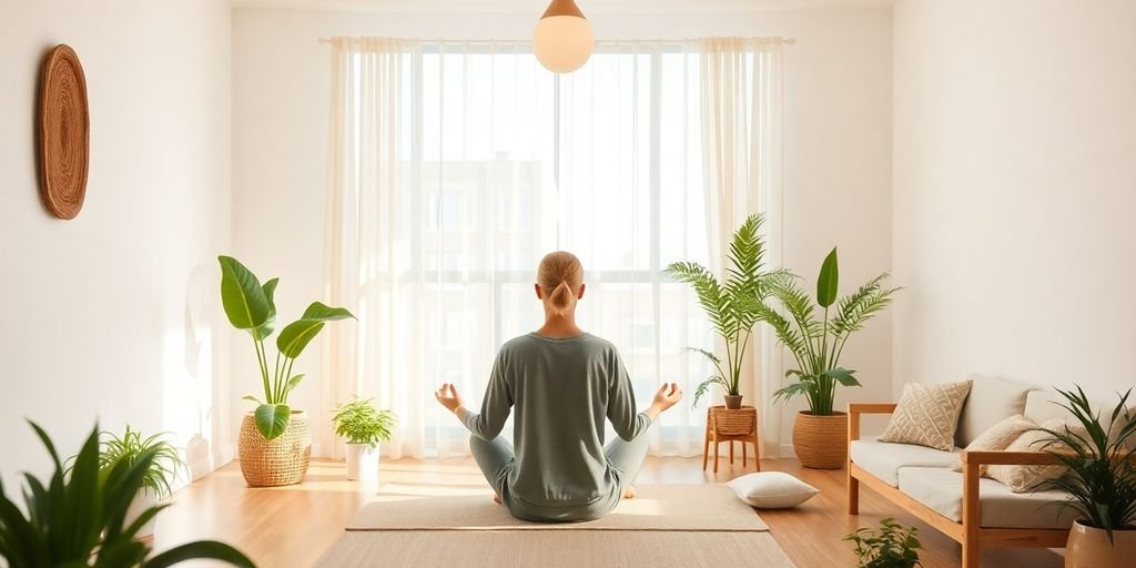 Ambiente de bem-estar com meditação e luz natural.