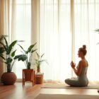 Ambiente tranquilo de bem-estar com plantas e luz natural.