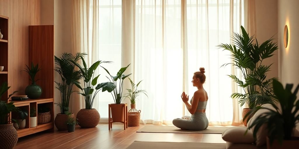 Ambiente tranquilo de bem-estar com plantas e luz natural.