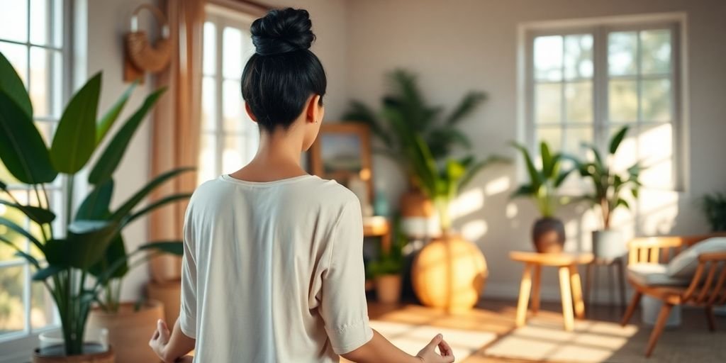 Ambiente de bem-estar com meditação e luz natural.